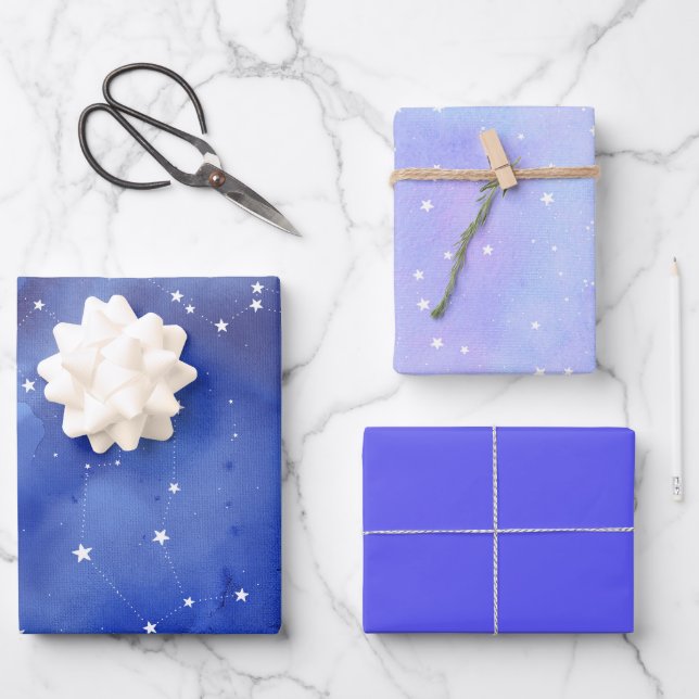 Hoja De Papel De Regalo Estrellas Celestiales de Índigo Púrpura (Anverso)