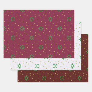 Hoja De Papel De Regalo Estrellas de árbol de Navidad en blanco y rojo