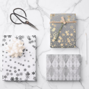 Hoja De Papel De Regalo Estrellas de copos de nieve Harlequin de plata y o