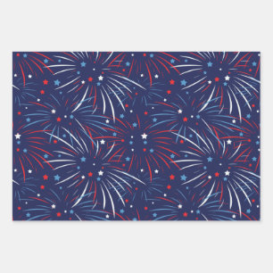 Hoja De Papel De Regalo Estrellas de fuegos artificiales azules rojas