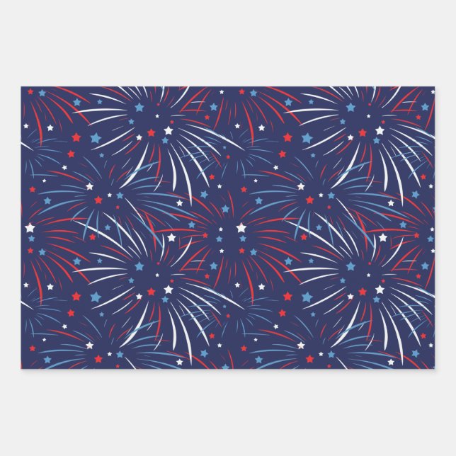 Hoja De Papel De Regalo Estrellas de fuegos artificiales azules rojas (Anverso)