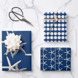 Hoja De Papel De Regalo Estrellas de Mar Dólares de Arena Azul Marino Oscu