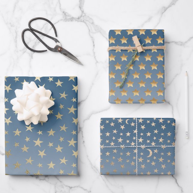 Hoja De Papel De Regalo Estrellas de oro azul (Anverso)