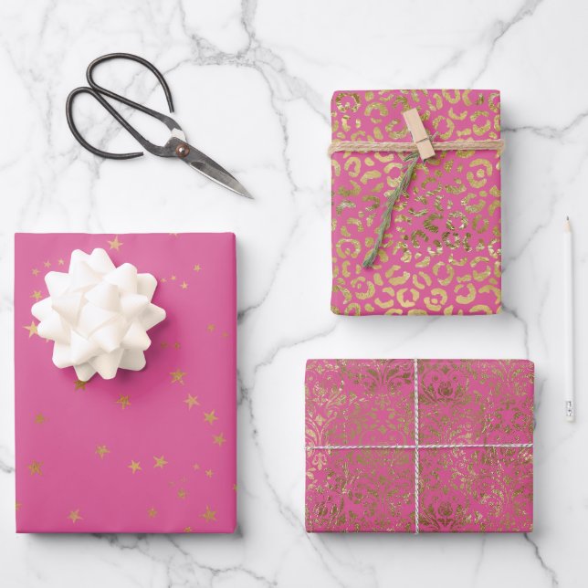 Hoja De Papel De Regalo Estrellas de oro rosado (Anverso)