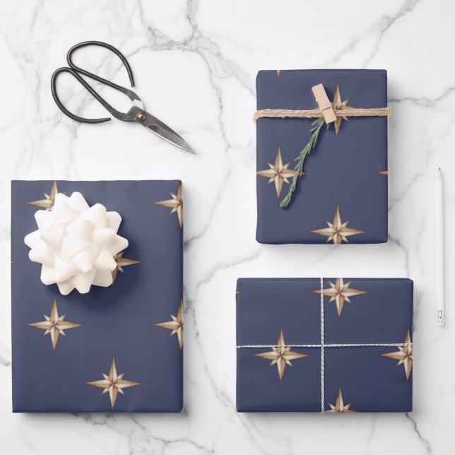 Hoja De Papel De Regalo Estrellas De Oro Sobre Azul De La Marina (Anverso)
