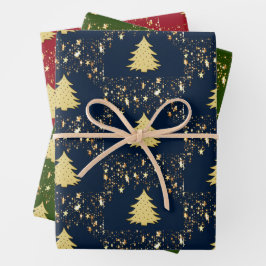 Hoja De Papel De Regalo Estrellas de oro y árbol de navidades con baudias,