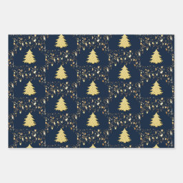 Hoja De Papel De Regalo Estrellas de oro y árbol de navidades con baudias,