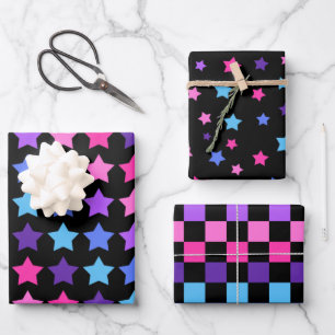 HOJA DE PAPEL DE REGALO ESTRELLAS DE PURPLE AZUL Y PATRONES DE VERIFICACIÓ