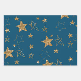 Hoja De Papel De Regalo Estrellas de Purpurina de oro azul