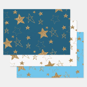 Hoja De Papel De Regalo Estrellas de Purpurina de oro azul