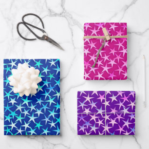 Hoja De Papel De Regalo Estrellas de satén, azul profundo, rosa fucsia y p