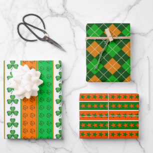 HOJA DE PAPEL DE REGALO ESTRELLAS DE VERDE NARANJA BLANCO DE SHAMROCKS IRL