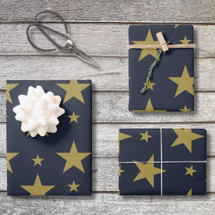 Hoja De Papel De Regalo Estrellas doradas sobre azul marino - Elegante y a