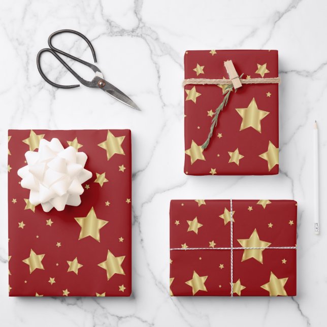 Hoja De Papel De Regalo Estrellas doradas sobre fondo rojo (Anverso)