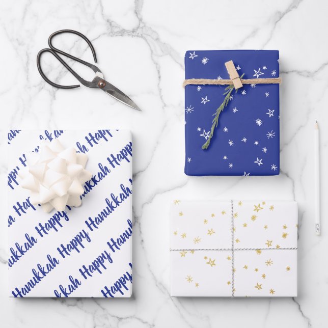 Hoja De Papel De Regalo Estrellas Hanukkah Blue & Gold modernas (Anverso)