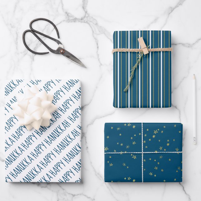 Hoja De Papel De Regalo Estrellas Hanukkah Blue & Gold modernas (Anverso)