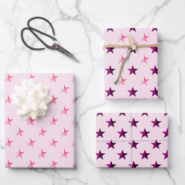 Hoja De Papel De Regalo Estrellas moradas violetas rosadas Rubor Pink (Anverso)