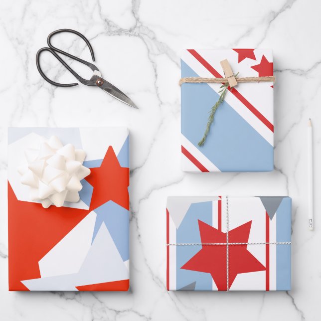 Hoja De Papel De Regalo Estrellas patrióticas a rayas azul turbio blanco r (Anverso)