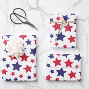 Hoja De Papel De Regalo Estrellas Rojas y Azules, 4 de Julio, Fondo Blanco