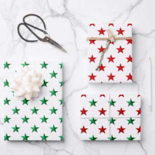 Hoja De Papel De Regalo Estrellas verdes rojas en festividades de Navidade