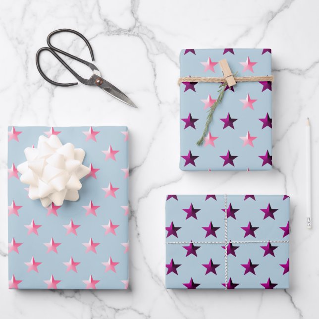 Hoja De Papel De Regalo Estrellas violetas rosadas púrpuras azul turbio (Anverso)