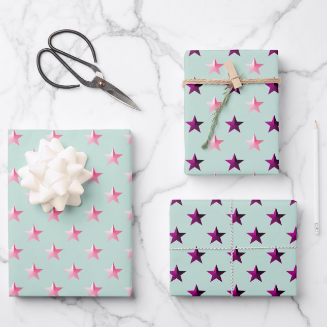 Hoja De Papel De Regalo Estrellas violetas rosadas púrpuras verde sabio (Anverso)