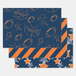 Hoja De Papel De Regalo Estrellas y balones de fútbol naranja y azul marin