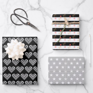 Hoja De Papel De Regalo Estrellas y Corazones sobre Negro y Blanco