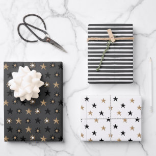 Hoja De Papel De Regalo Estrellas y rayas escandinavas negras y doradas na