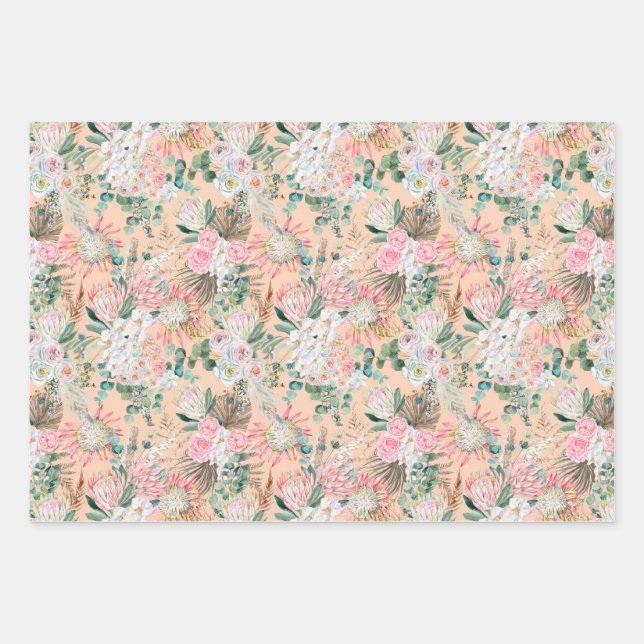 Hoja De Papel De Regalo Eucalyptus Floral Blanca Rosa Boho Nodal Cumpleaño (Anverso)