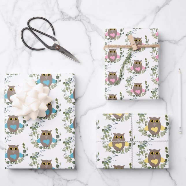 Hoja De Papel De Regalo Eucalyptus Greenery Owls (Anverso)