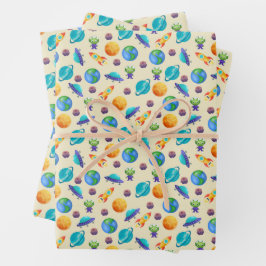 Hoja De Papel De Regalo Exploradores espaciales en amarillo pálido