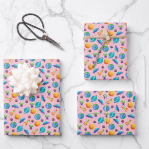 Hoja De Papel De Regalo Exploradores espaciales en rosa claro