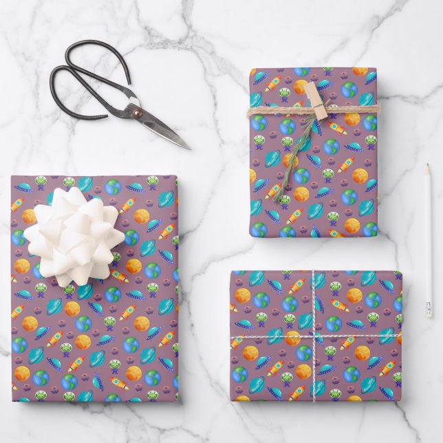 Hoja De Papel De Regalo Exploradores espaciales sobre gris oscuro (Anverso)