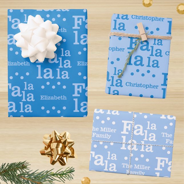 Hoja De Papel De Regalo Fa moderna La Sky Blue Simple Añadir Navidades de  (Three festive blue designs on this personalized Christmas typography gift wrap)