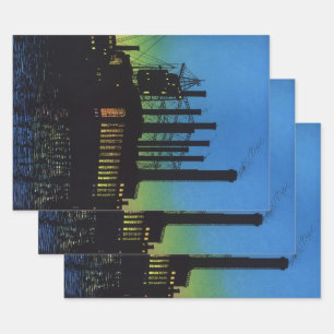 Hoja De Papel De Regalo Fábrica en el atardecer, negocio vintage