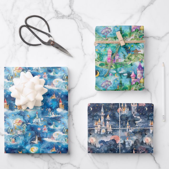 Hoja De Papel De Regalo Fairyland Castles Blue (Anverso)