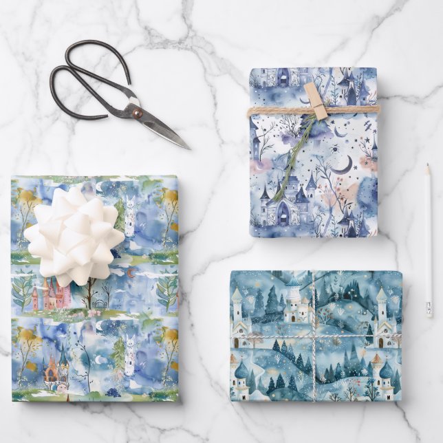 Hoja De Papel De Regalo Fairyland Castles Blue (Anverso)