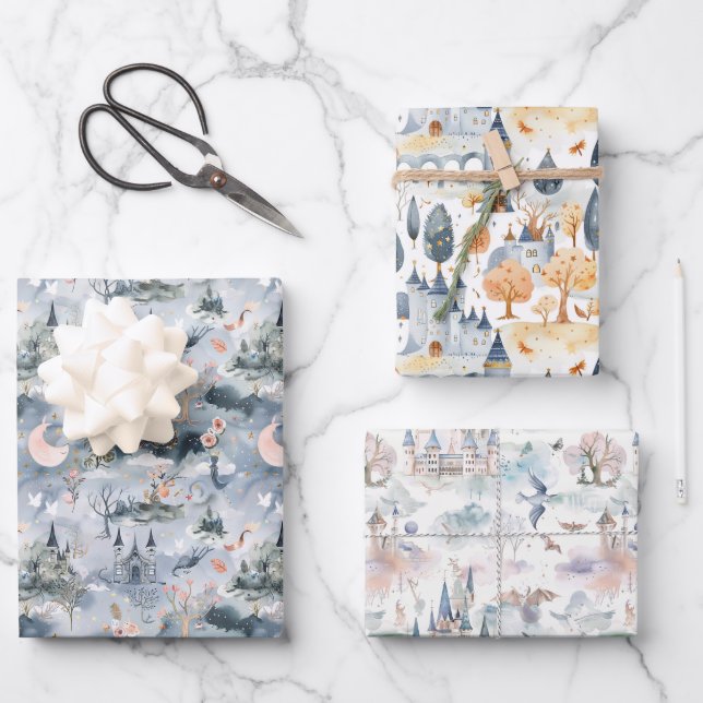 Hoja De Papel De Regalo Fairyland Castles Blue Pink (Anverso)