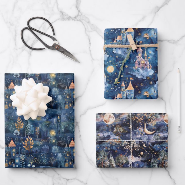 Hoja De Papel De Regalo Fairyland Landscape Navy Blue Night  (Anverso)