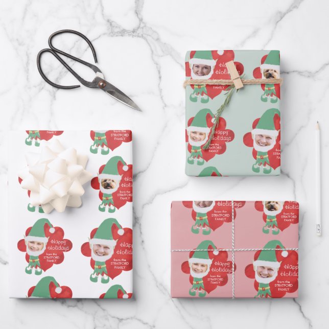 Hoja De Papel De Regalo Familia Cute Elf 4 Fotos Saludo Personalizado (Anverso)