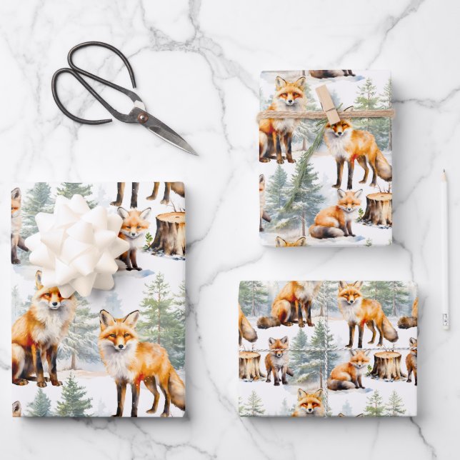 Hoja De Papel De Regalo Familia Red Fox En El Bosque (Anverso)