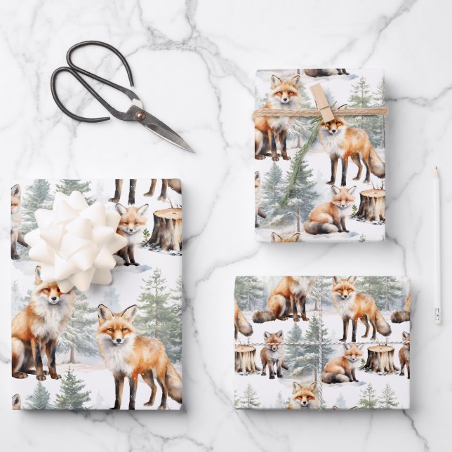 Hoja De Papel De Regalo Familia Red Fox En El Bosque (Anverso)