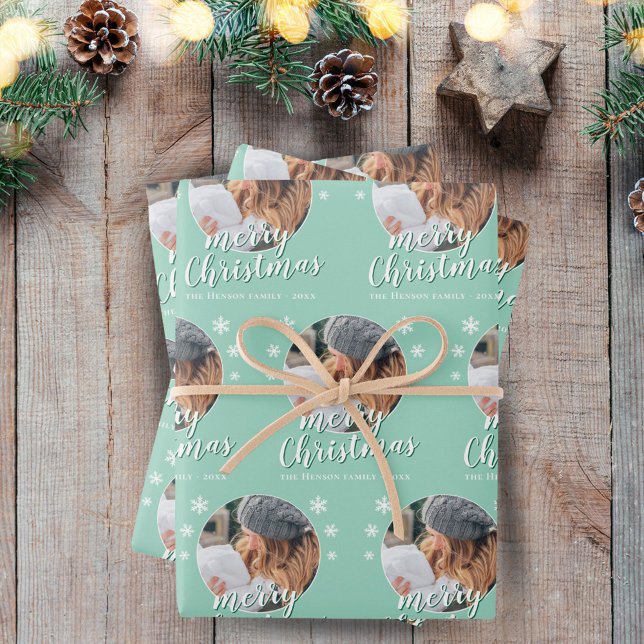Hoja De Papel De Regalo Familia Verde Foto Snowflake Feliz Navidad (Subido por el creador)