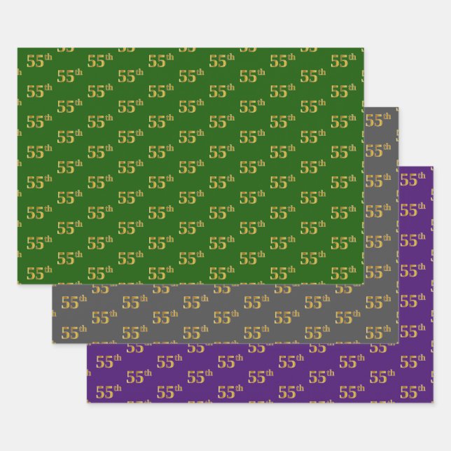 Hoja De Papel De Regalo Fancy Green, Gray, Purple, Faux Gold 55th Event # (Set)