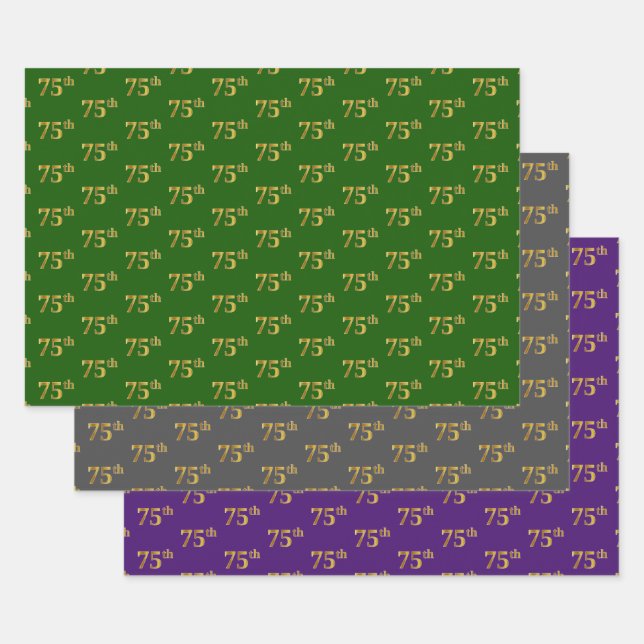 Hoja De Papel De Regalo Fancy Green, Gray, Purple, Faux Gold 75th Event # (Set)