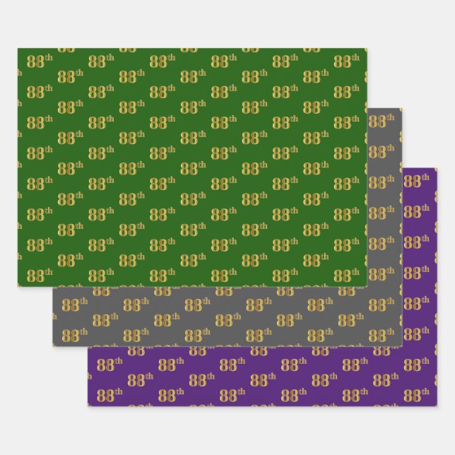 Hoja De Papel De Regalo Fancy Green, Gray, Purple, Faux Gold 88th Event # (Set)