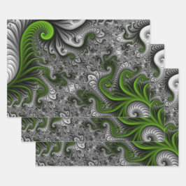 Hoja De Papel De Regalo Fantasía Mundo Arte Fractal Verde Y Gris Resumen