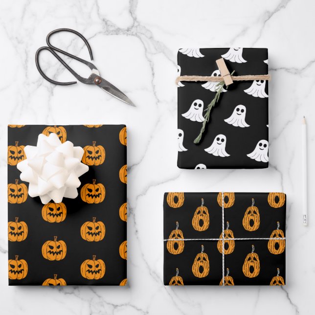 Hoja De Papel De Regalo Fantasma de Halloween negro naranja y Jack o Lante (Anverso)