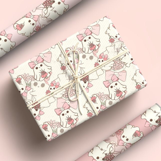 Hoja De Papel De Regalo Fantasma espeluznante de un lindo fantasma con arc (Subido por el creador)